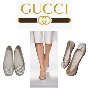 Gucci Women's Ballet Flats Pink Satin Square Toe GG Crystal Logo Designer Shoes